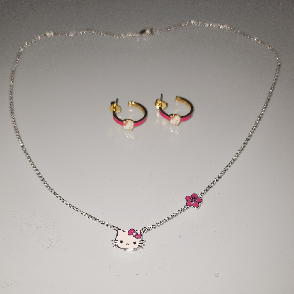 Hello Kitty Silver Necklace with Gold Earrings